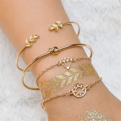 Trendy Leaves Knot Round Chain Open Bracelet Set 